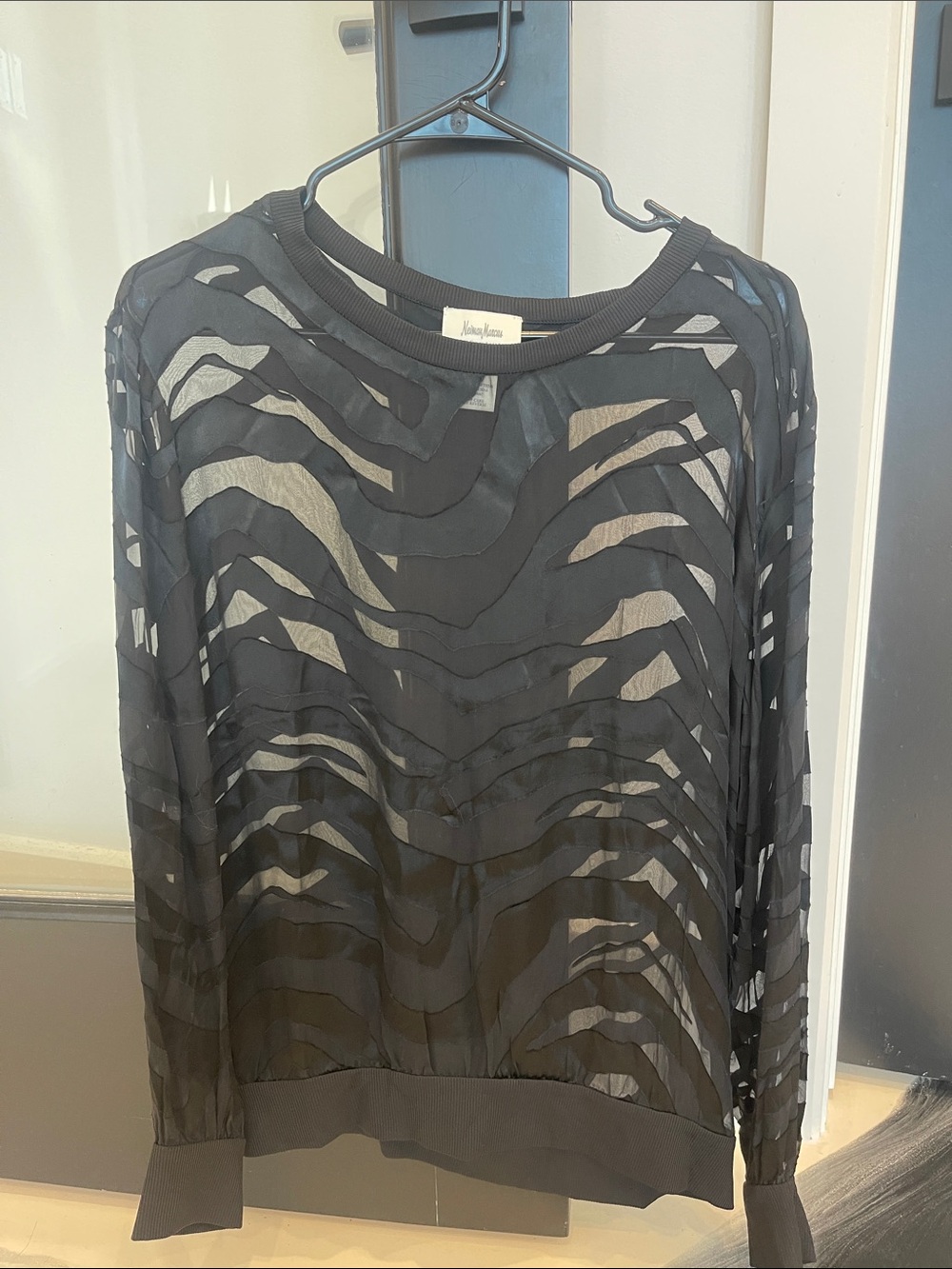 Neiman Marcus Black Sheer Zebra-Stripe Long-Sleeve Top